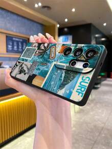 1 件时尚创意波浪和棕榈树插图，游泳字母彩色印花，黑色哑光纹理 TPU 材质防震手机壳，适合作为送给男朋友/女朋友的礼物，兼容三星、OPPO、Vivo 和其他 Android 手机 - 彩色 - 查看 4