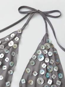 Halter Mini Dress For Women Shiny Bead Decor Ruffled Hem Backless Mesh Dress Glitter Short Sundress Clubwear - Grey - View 3