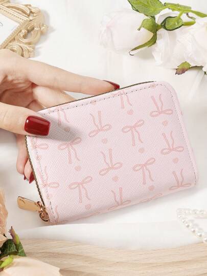 Pink Bow Pattern Bag,Zipper Small Wallet Coin Pocket Small Purse Bifold Slim Women Wallet MiniThin,Lightweight,Multi Layer Portable,ID Card,Money Credit Card Minimalist,Fashion,Modern,Business,For Anniversary,For Christmas,On Valentine Day,For Birthday Gift,For Gift,For Lover For Women,For Girls,For Lady,For Female,Bag School Supplies For School Dorm Room & Back To School
