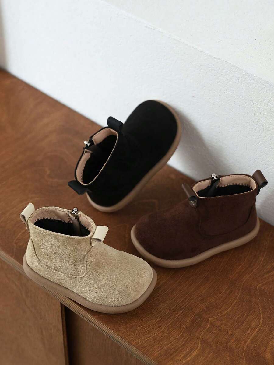 1 Pair Kids' Soft Sole Anti-Slip Warm Lined Simple Fashion Flat Round Toe Ankle Boots, Suitable For Outdoor Sports In Autumn/Winter - Màu Khaki - Xem 1