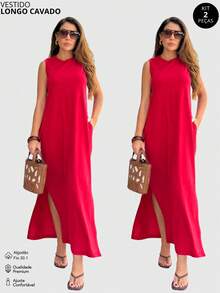 Vestido Feminino Longo Cavado Com Fenda Lateral Moda Elegante - Vermelho - Visão 1
