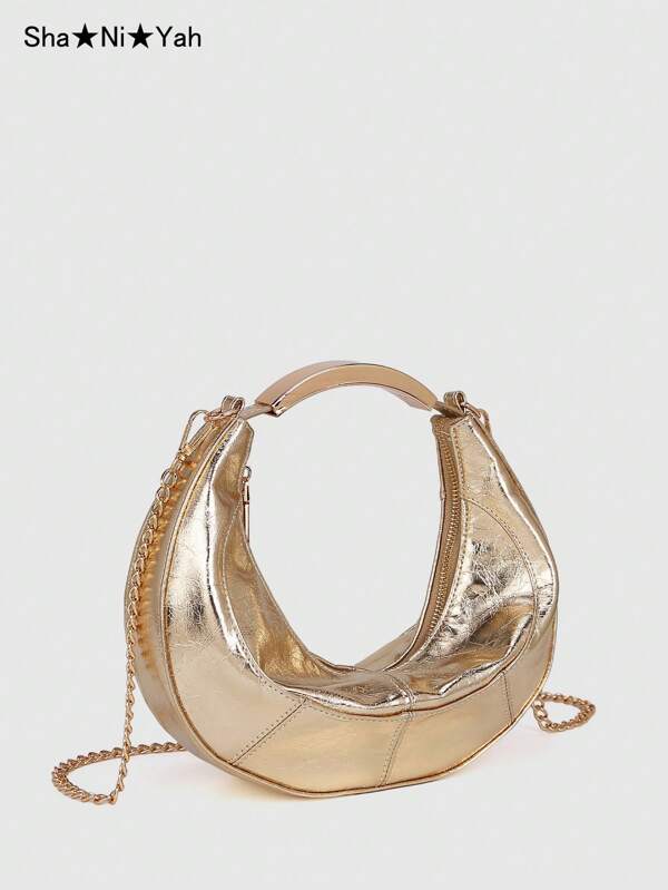 时尚低调奢华金色金属新月形晚宴手提包，配有优雅的手柄链，适合购物、派对和礼物
