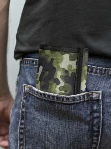 Pared plegable de 3 piezas, estampado de dibujos animados y Camlage, material de poliéster duradero con bolsillo con cremallera y llavero, monedero de uso diario