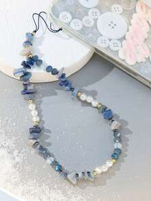 小众设计青金石珍珠手机吊饰，天然石与淡水珍珠混合渐变蓝色，治愈系气质，可作为手机吊坠或挂饰，艺术独特，为日常生活增添美感，充满夏日气息 - 藍色 - 查看 3