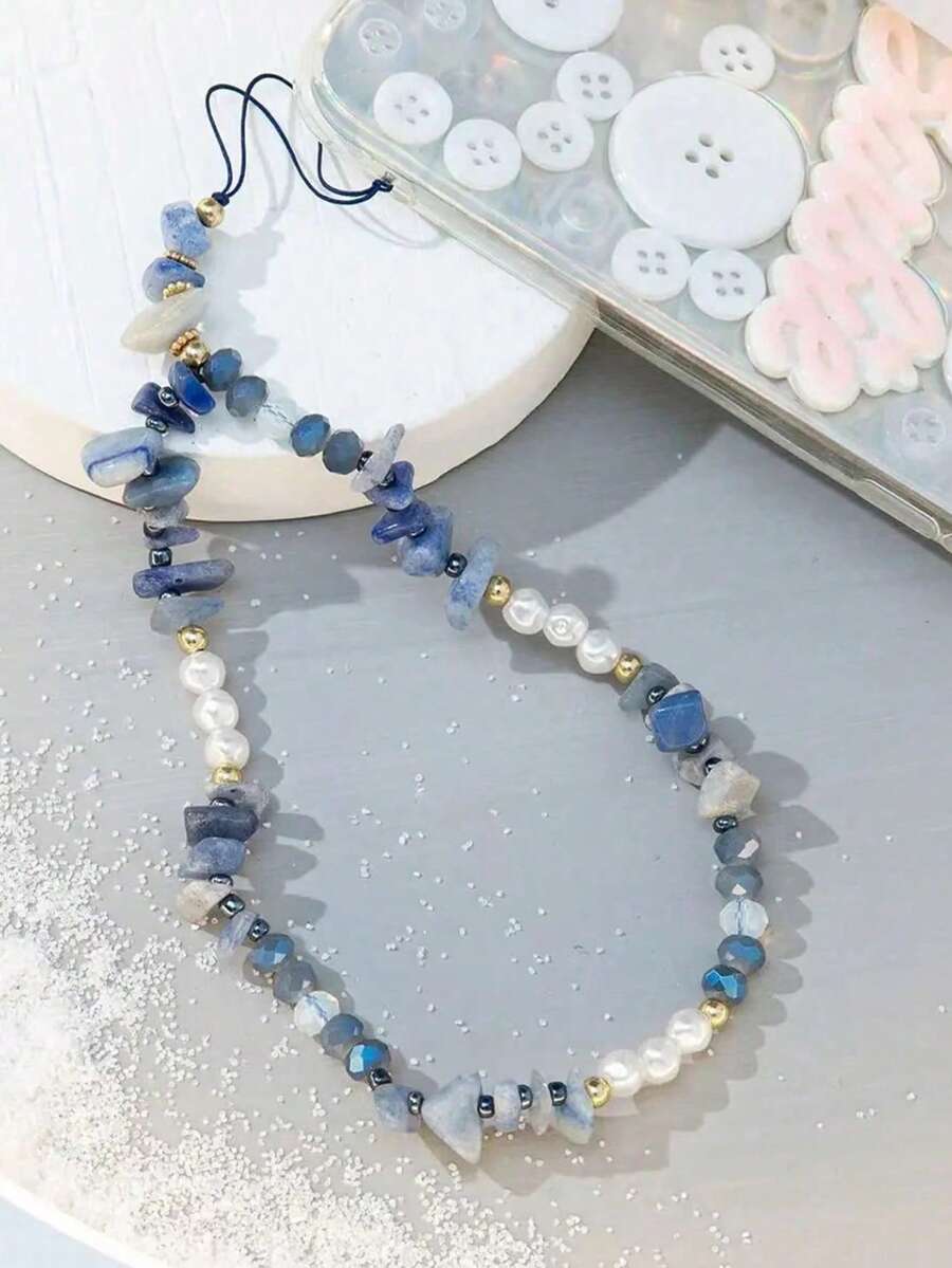 小众设计青金石珍珠手机吊饰，天然石与淡水珍珠混合渐变蓝色，治愈系气质，可作为手机吊坠或挂饰，艺术独特，为日常生活增添美感，充满夏日气息 - 藍色 - 查看 1
