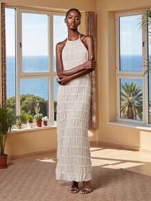 Vestido largo de mujer ajustado con pliegues, sin mangas, espalda descubierta, vestido de unicolor para fiesta y cóctel - Blanco - Ver 8