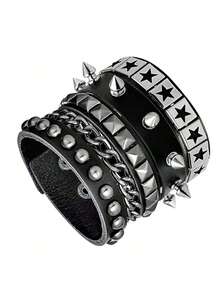 3件套朋克摇滚皮质手链，女士流行80、90年代Emo风格配饰，复古铆钉可调节缠绕式腕带 - 黑色 - 查看 12