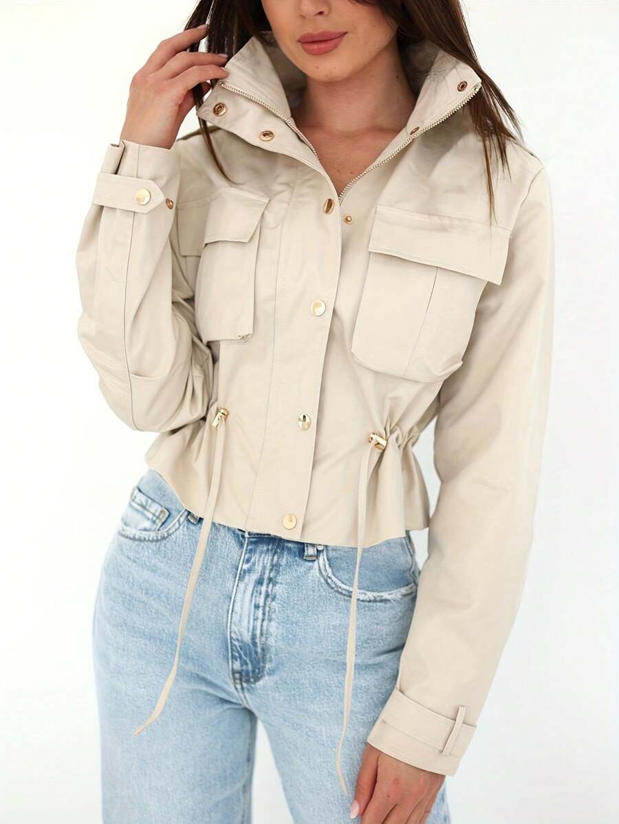 女士时尚短款夹克，时尚短款夹克，新款春秋薄款外套，长袖全拉链纽扣薄款夹克，带口袋，抽绳腰部时尚夹克，机车夹克 - 杏色 - 查看 1