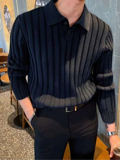 1件青少年男童简约纯色舒适休闲户外半开襟罗纹针织毛衣，加厚款，适合秋冬季穿着