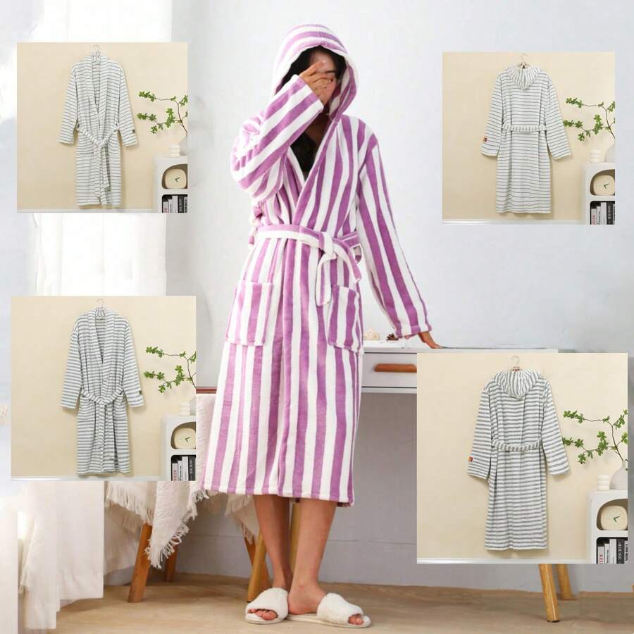 1 件珊瑚绒加厚成人浴袍、睡袍、家居服、毛绒、超柔软、吸水、亲肤、适用于浴室、健身房、酒店、海滩度假、居家和旅行必备、送给每个人的完美礼物 - 彩色 - 查看 1