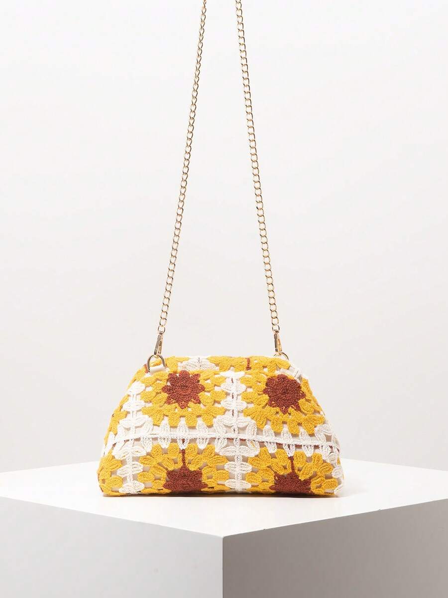 1 件花卉印花包、沙滩包、度假包、女士手拿包、高档金属链斜挎包、钩针套装、旅行必备品、女士度假装（图案随机）