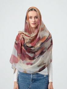 1 buc Eșarfă pentru femei, stil boem, cu imprimeu satinat în acuarelă, șal multicolor cu protecție solară, eșarfă elegantă și versatilă, potrivită pentru asortare zilnică