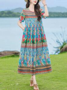 FANMUER Abito midi boho da donna con tasche, linea ad A, collo rotondo, maniche corte, stampa floreale colorata in tessuto tessuto, stile estivo