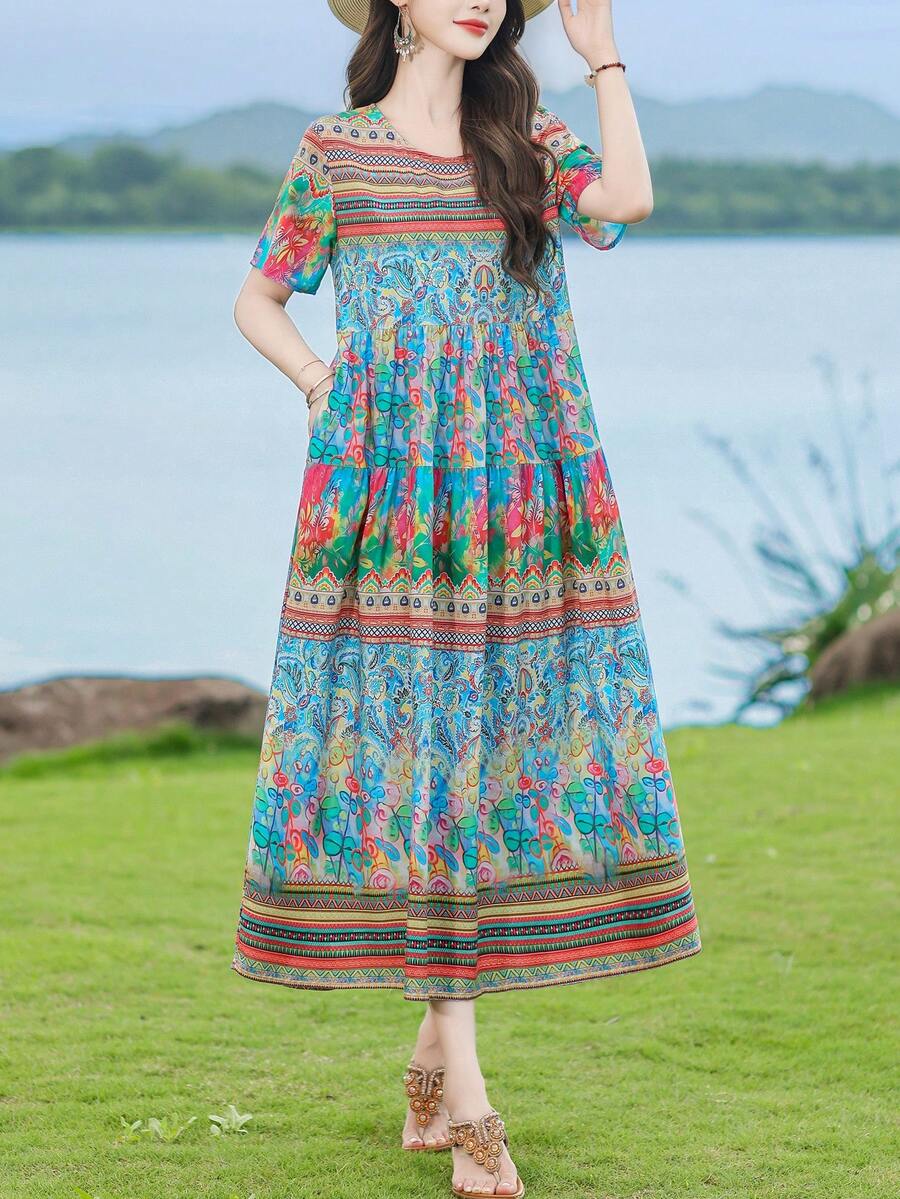 FANMUER Abito midi boho da donna con tasche, linea ad A, collo rotondo, maniche corte, stampa floreale colorata in tessuto tessuto, stile estivo