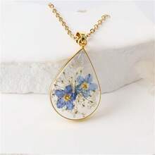 Water Droplet Shape Necklace, Handmade Pressed Flower Necklace, Lace Pressed Wildflower, Forget-Me-Not Flowers Symbolize True Love And Respect - 藍色 - 查看 3