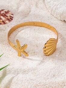 1 pieza Brazalete de acero inoxidable con estrella de mar y concha, elementos marítimos de ultramar, estilo de vacaciones en la playa, apto para uso diario de mujeres
