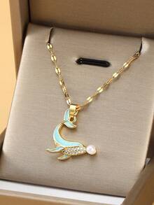 1件海洋生活海滩度假系列【海龟、海豚、章鱼、海星】吊坠项链，休闲时尚优雅可爱，铜材质镶嵌锆石，不锈钢唇链，适合女性日常佩戴 - 海豚2 - 查看 4