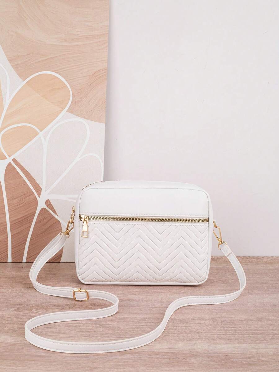 1pc Women's Quilted Striped Crossbody Bag, Multi-Layer Camera Bag, Zipper Closure, Adjustable Strap, Fashion Shoulder Bag For Daily Use, Versatile - White - View 1