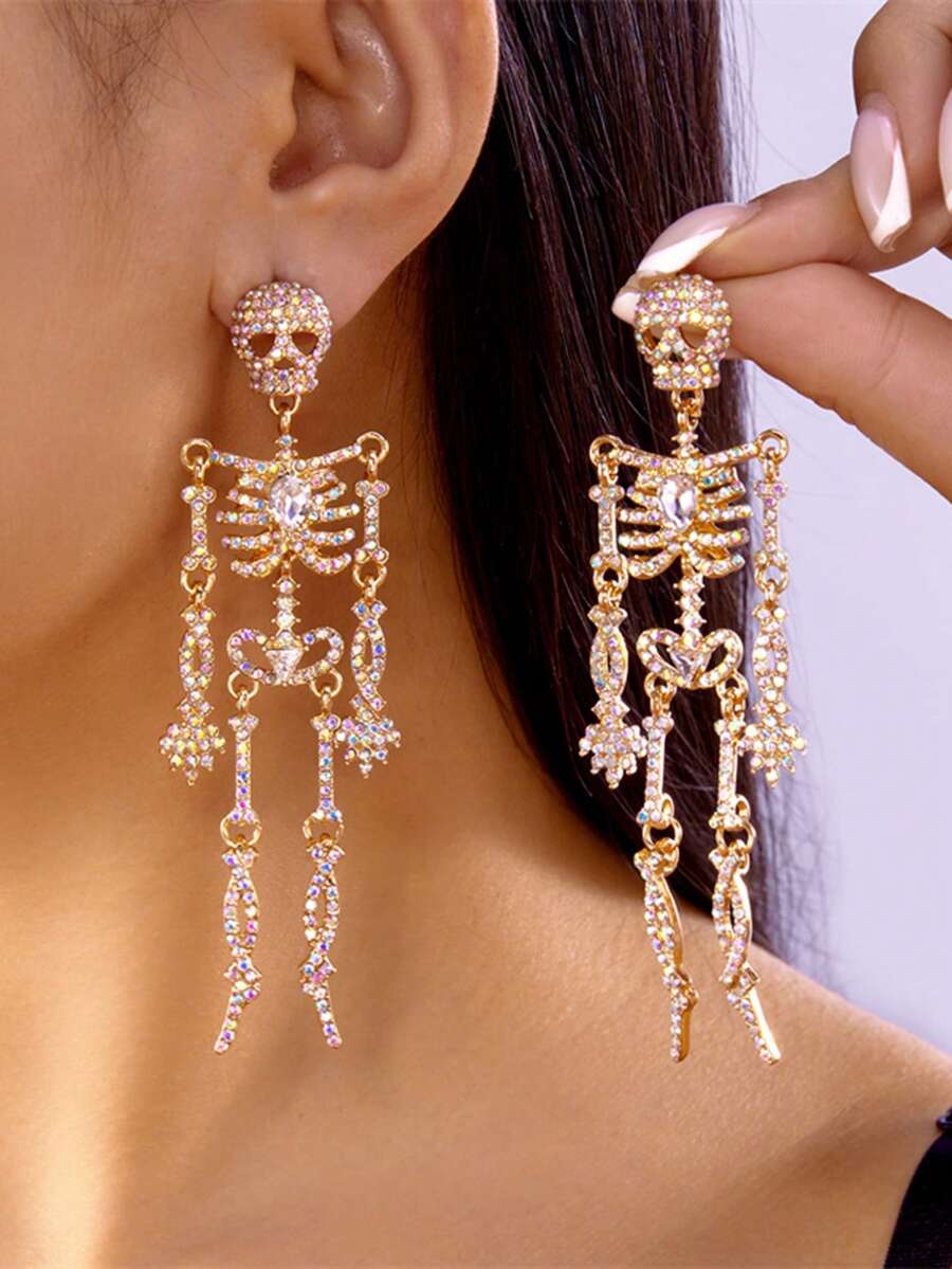 2 件全水钻万圣节骷髅耳环，适合日常佩戴 - 金色 - 查看 1