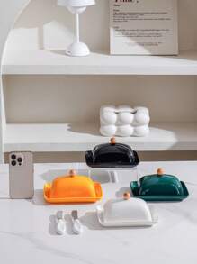 1 Set Ceramic Rectangular Covered Butter Dish With Stainless Steel Knife, Nordic Style Minimalist Solid Color Ceramic Butter Dish, Cheese Dish, Food Storage Container With Lid And Stainless Steel Knife