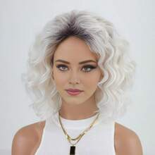 MMidlength Layered Ombre Platinum Blonde Wavy Bob Wigs For White Women 12inch Short Wave Curly Synthetic Wig Side Part Average Size Daily Party Wig8001 - Bạch kim - Xem 2