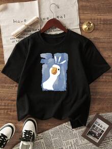 男士鸭子印花圆领短袖休闲T恤，夏季 - 黑色 - 查看 2