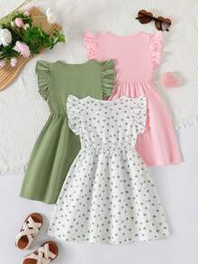 3pcs/Set Young Girls' Valentine's Day Summer Fashion Flutter Sleeve Heart Print + Solid Color Patchwork Casual Dress Outfit - Green - View 2