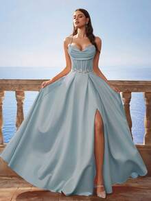 别致的圣诞巴洛克风格缎面吊带美人鱼长裙，法式伴娘礼服，返校节礼服，晚礼服，派对礼服 - 淺藍色 - 查看 7