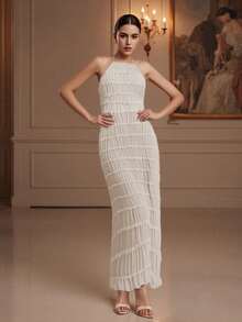 Women's Ruched Bodycon Long Dress Sleeveless Backless Solid Color Dress Cocktail Party Dress - White - View 9