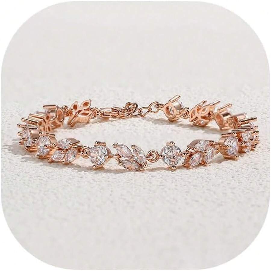 Crysdue Wedding Bridal Link Bracelet Brides Bridesmaids, Marquise Cubic Zirconia Tennis Bracelets Women Prom Jewelry - C_玫瑰金 6.69-8.27英寸 - 查看 1