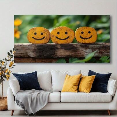 1PC Framed 2D Flat, Modern Joyful Blocks Wall Art -  Framed Canvas Painting With Three Yellow Joyful Faces, Rustic Wood & Foliage Design, Contemporary Abstract Decor For Living Room, Bedroom, Office, Kitchen - Perfect Housewarming Gift, Canvas Wall Art Ready To Hang, Office Artwork, Vibrant Print Quality, 2D Flat- (Wrapped Canvas)