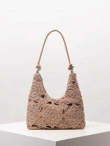 花卉镂空钩针编织单肩包、沙滩包、度假包、钩针套装、女士优雅包包、度假必备品、旅行必备品（图案随机） - 駝色 - 查看 1