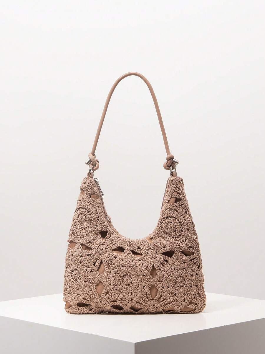 花卉镂空钩针编织单肩包、沙滩包、度假包、钩针套装、女士优雅包包、度假必备品、旅行必备品（图案随机） - 駝色 - 查看 1