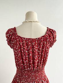 Rusttydustty 波西米亚风女士V领荷叶边下摆红色碎花连衣裙，适合新年、情人节、夏季度假等场合，优雅时尚。 - 紅色 - 查看 8