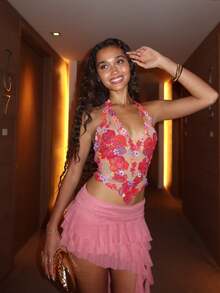 Women Floral Mesh Tank Top Y2K Flower Embroidery Sheer Halter Crop Tops See Through Tie Up Backless Camisole - Rosa Fucsia - Ver 1