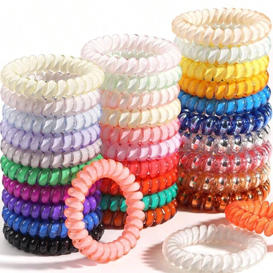 M32Pcs Spiral Hair TiesNo Crease Coil Hair Ties Phone Cord Hair Elastics Coils Candy Colors Spiral Bracelets Ponytail Holders Hair Accories For Women Girls5001 - 什錦顏色 - 查看 1