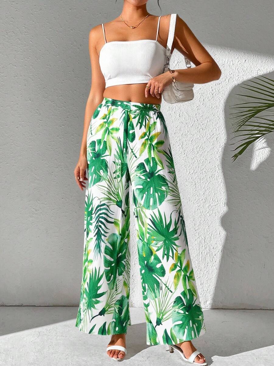 Estampado Integral  Hoja  Plantas    Bohemio    Bolsillo  Nudo    Vacaciones    Verano - Verde - Ver 1