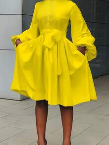 Long-Sleeved Lantern Sleeve Waist Lace Hollow Pocket Loose Pleated Dress