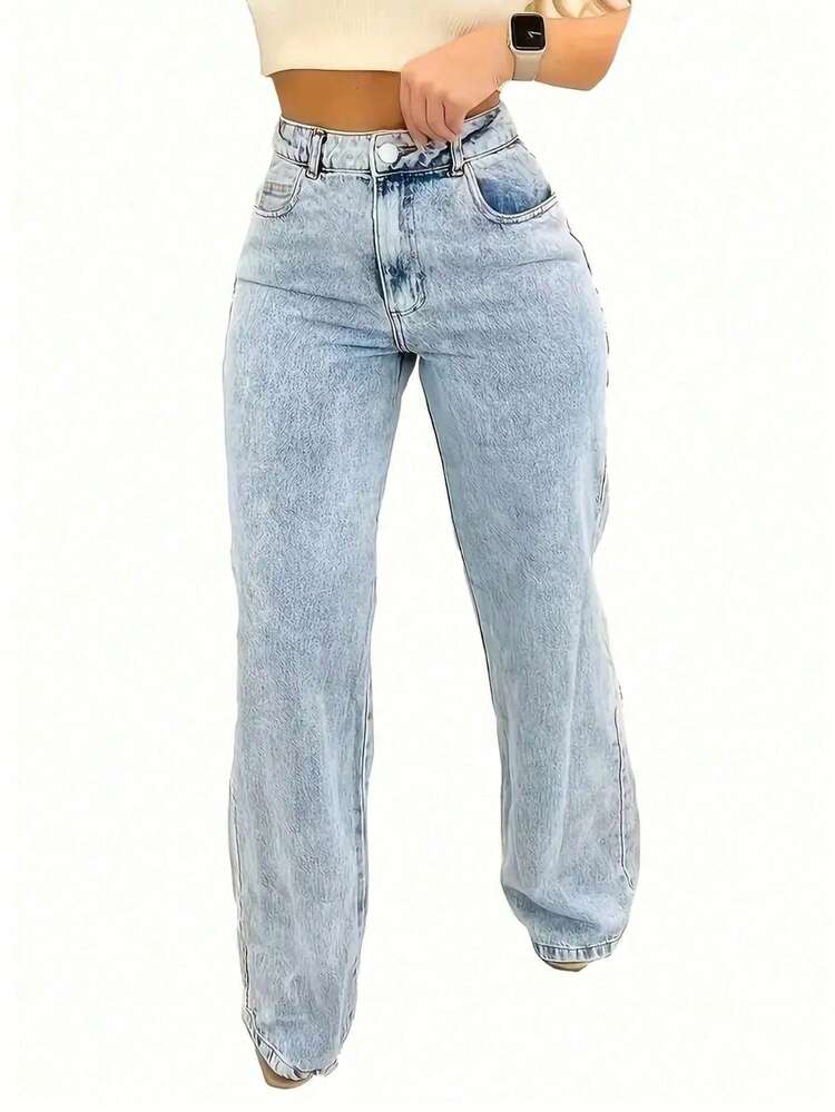 Plus Size Women Straight Leg Loose Casual Pockets Jeans