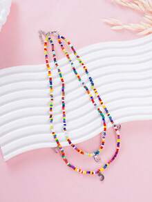 1 件不锈钢星星和月亮彩色串珠项链，波西米亚双层项链，适合女士日常佩戴 - 星星月亮 - 查看 8