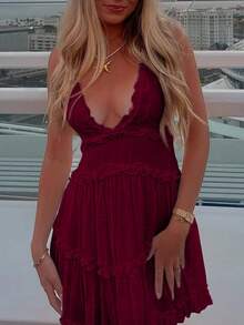 Women's Solid Color Ruffled Backless Sleeveless Beach Holiday Dress - 酒紅色 - 查看 2
