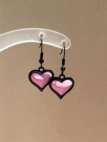 1 对粉色、玫瑰红色、彩色彩绘心形合金耳环，适合女士日常、约会、性感派对首饰 - 愛心 - 查看 3