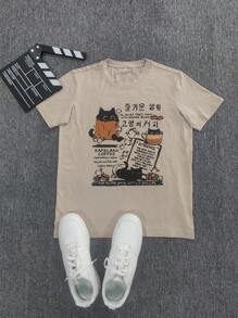 maglietta casual stile coreano con scollo tondo, motivo a cartone animato di gatti e caffè, adatta per ragazzi e adolescenti per uso quotidiano versatile