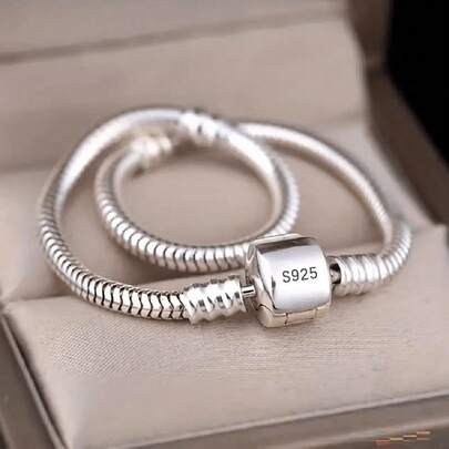 1 paquete Pulsera de cadena de serpiente plateada de plata de ley 925 vintage para mujeres - Cierre de broche ajustable, apto para cuentas de estilo europeo, joya de uso diario, accesorio versátil | Acabado metálico elegante | Acabado pulido