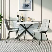 Dining Table And Chairs Set Of 2, White Folding Round Dining Table With 2 Grey Linen Fabric Chairs For Dining Room, Kitchen, Living Room - White Marble Table + 2 Gray Linen Chairs - View 11