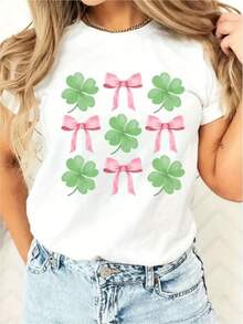 Camiseta con estampado irlandés del Día de San Patricio para mujer: camiseta con trébol de la suerte y lazo rosa, tela ligera de 180 g/m² no transparente, ideal para uso diario y de fiesta para primavera, verano y otoño. Lavable a máquina. - Blanco - Ver 1