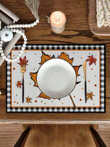 1pc/2pcs/4pcs/600pcs Thanksgiving Pumpkin & Maple Leaf Polyester Placemats - White Base With Black & White Bordered Frame, Paired With Orange Pumpkin And Maple Leaf Patterns, Accentuating Autumn Colors And Holiday Ambiance, Suitable For Thanksgiving Gatherings, Home Dining, Kitchen Decor And More - Multicolor - View 5