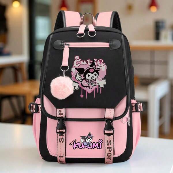 Sanrio حقيبة ظهر كورومي كبيرة السعة - حقيبة مدرسية بطباعة هالو كيتي كيوت، بوليستر متانة، خفيفة الوزن ونمط للتنقل اليومي والعودة إلى المدرسة، حقيبة مزدوجة مع إغلاق سحاب آمن، عبوة يومية مبطنة، تصميم مرح، بناء مريح