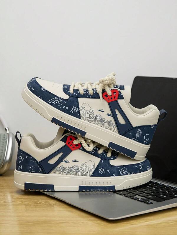 Zapatillas deportivas casuales unisex de moda para hombres con contraste de color, estampado vintage aleatorio, parches, cordones gruesos, cómodas para uso diario al aire libre, para todas las estaciones
