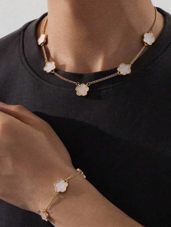 1pc Men's Fashionable Business Style Lucky Clover Pendant Necklace With Chain & Bracelet Set, Valentine's Gift